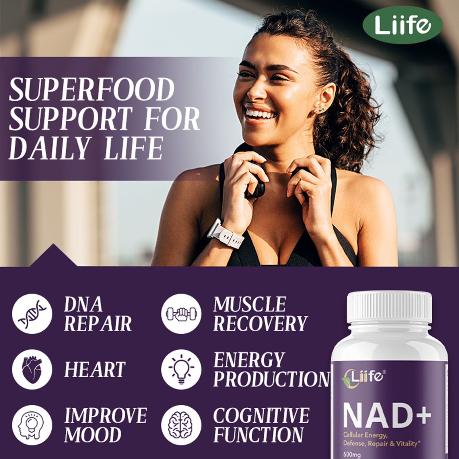 LIIFE Nicotinamide Adenine Dinucleotide 600mg, with Nicotinamide, Curcumin, Supports Anti-Aging, Cellular Renewal & Immune Defense, 60 Veggie Capsules