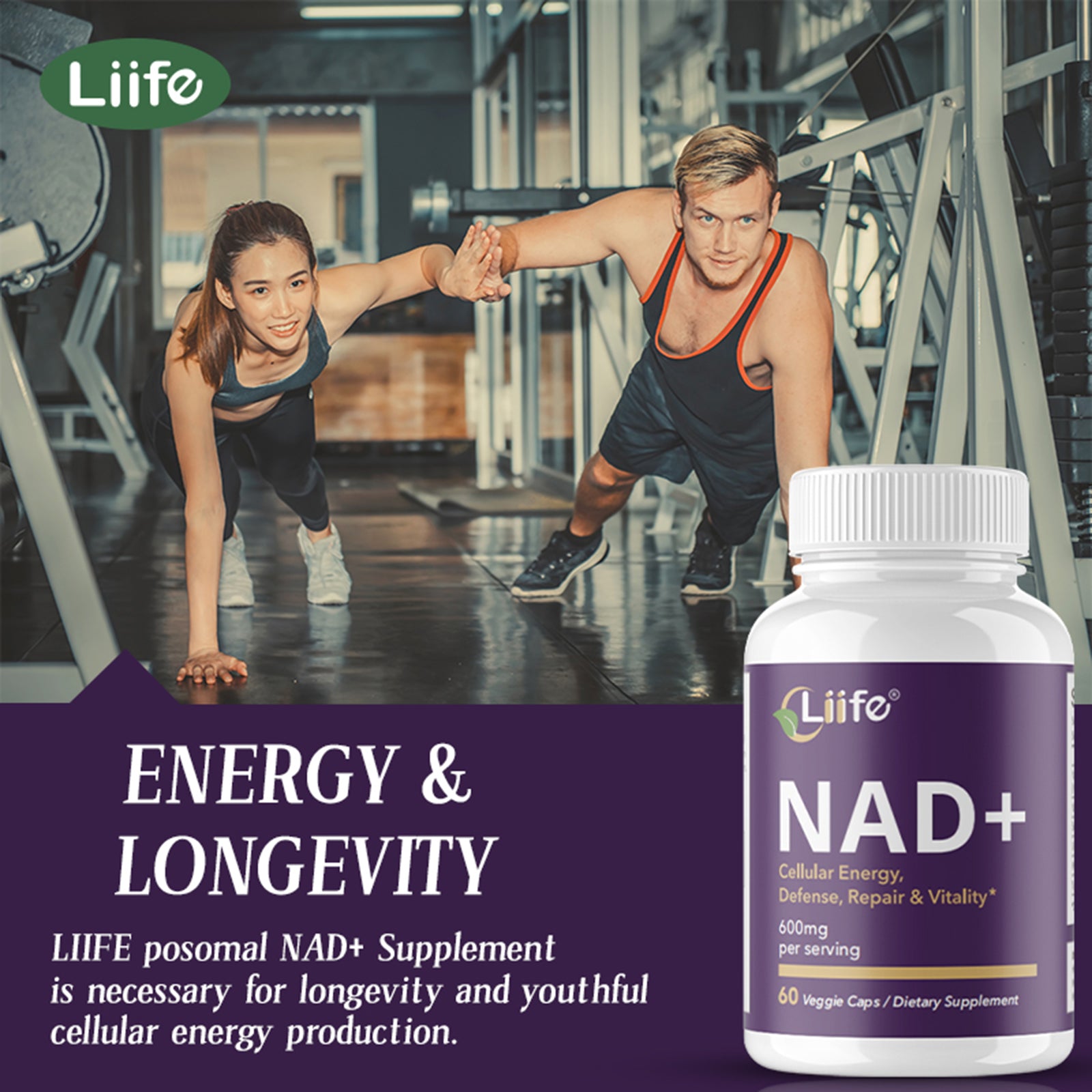 LIIFE Nicotinamide Adenine Dinucleotide 600mg, with Nicotinamide, Curcumin, Supports Anti-Aging, Cellular Renewal & Immune Defense, 60 Veggie Capsules