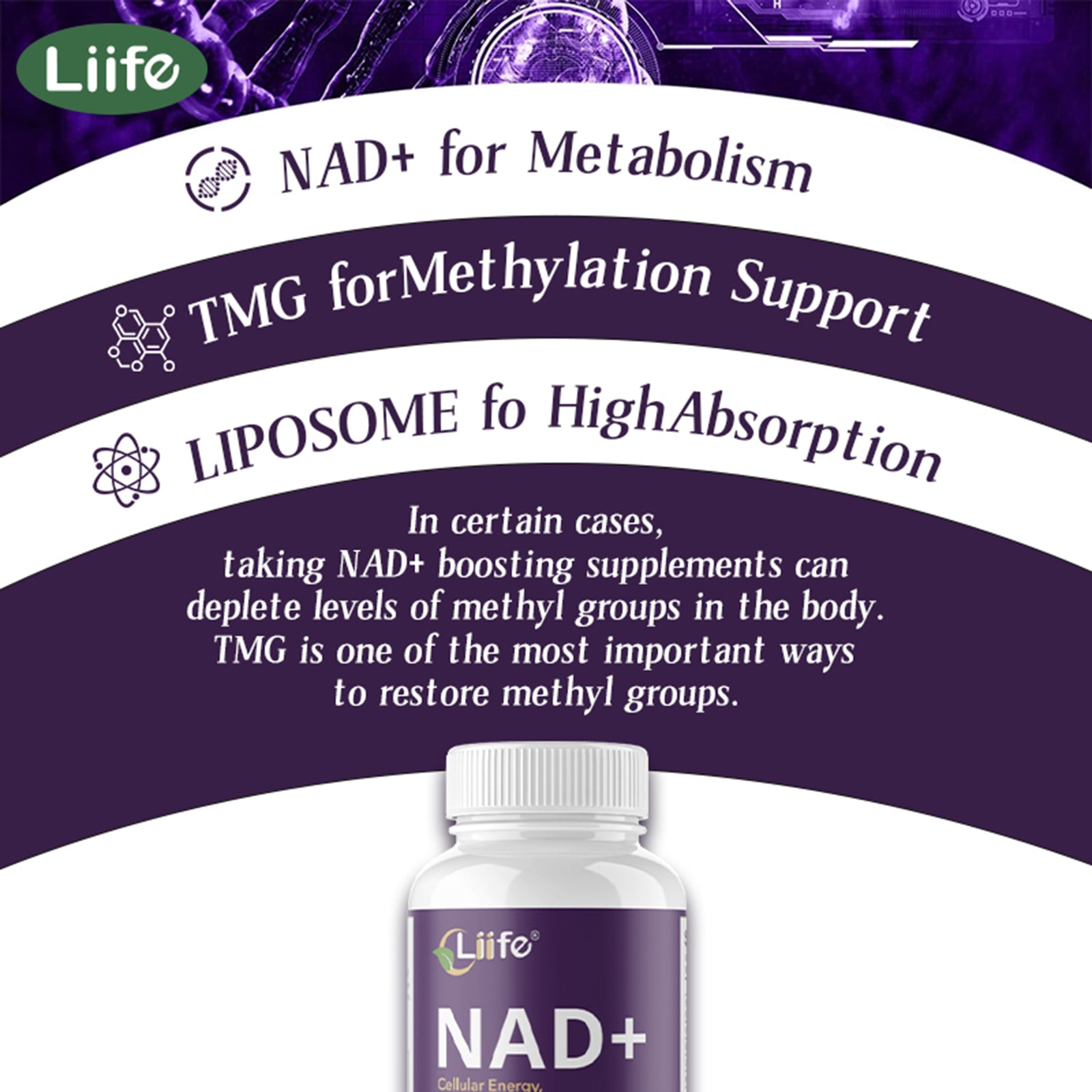 LIIFE Nicotinamide Adenine Dinucleotide 600mg, with Nicotinamide, Curcumin, Supports Anti-Aging, Cellular Renewal & Immune Defense, 60 Veggie Capsules