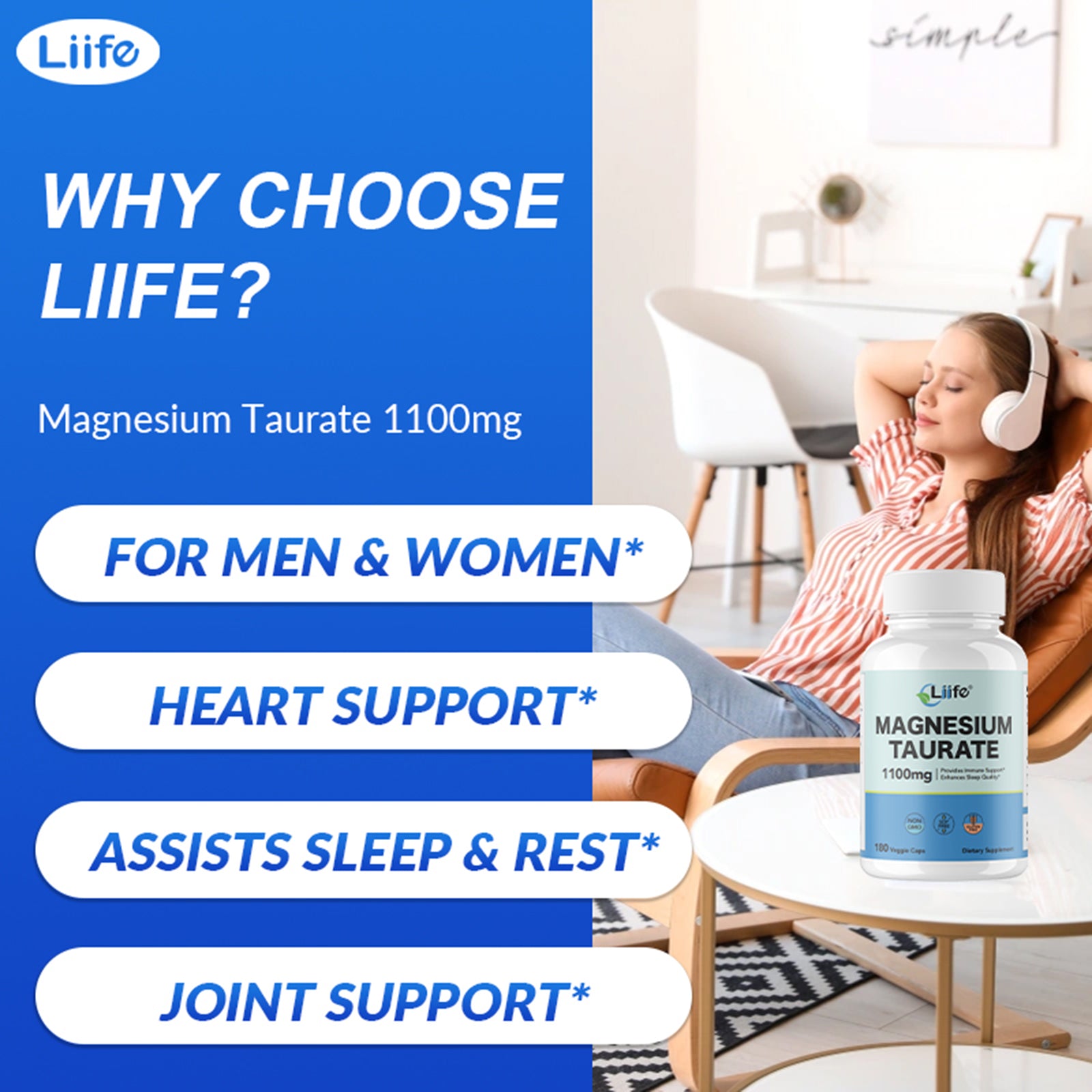 LIIFE Magnesium Taurate 1100mg -180 Vegetarian Capsules-200MG Elemental Magnesium Per Serving - Supports restful Sleep & Helps Maintain Healthy Muscle Function