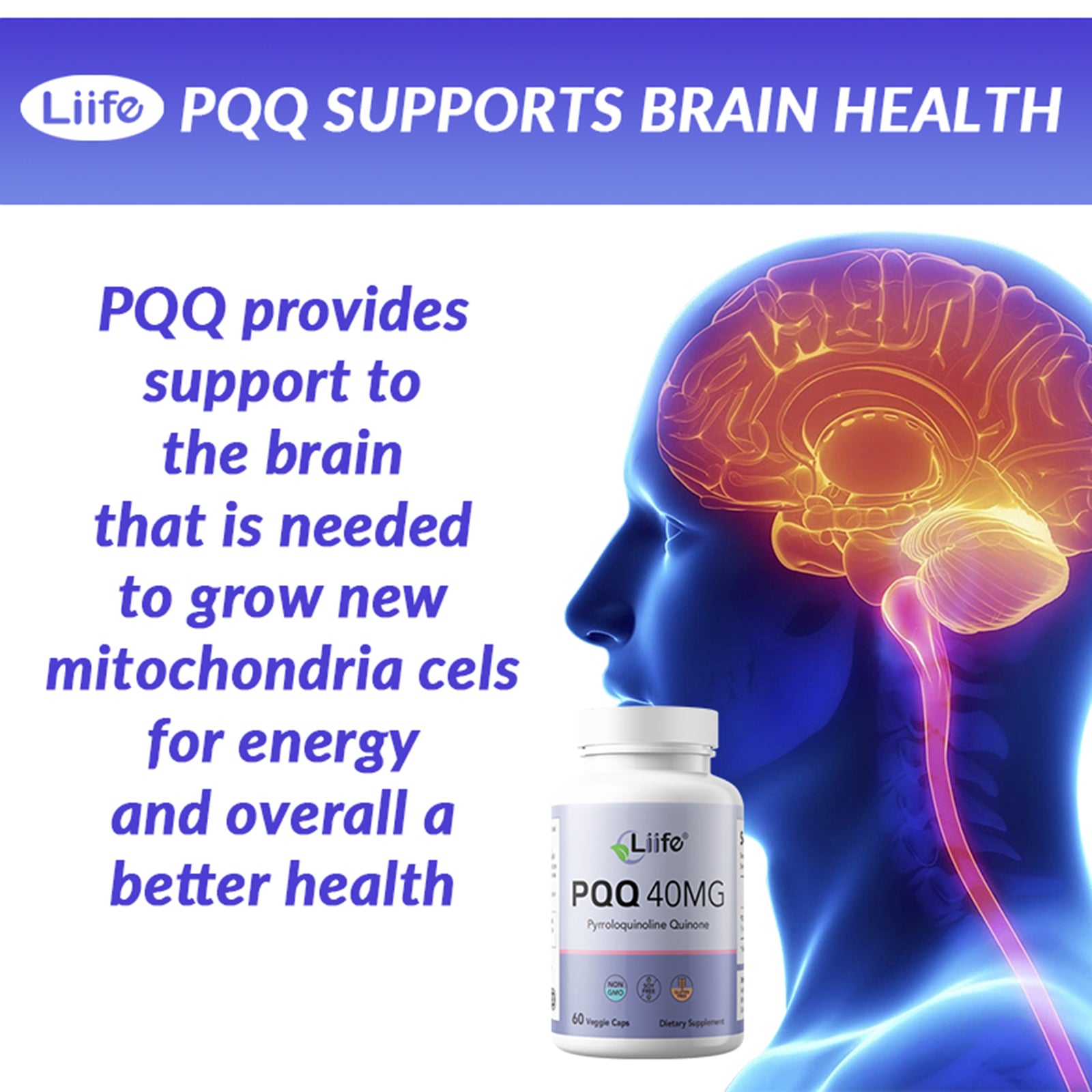 LIIFE High Potency PQQ (30 Servings) – Pyrroloquinoline Quinone as PureQQ for Mitochondrial Support, Cognitive Health & Energy Boost -Non-GMO, Soy-Free, Gluten-Free