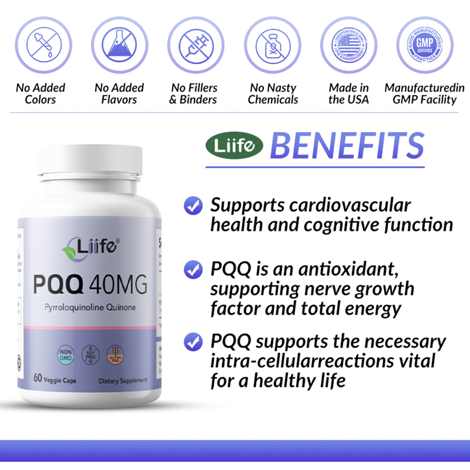 LIIFE High Potency PQQ (30 Servings) – Pyrroloquinoline Quinone as PureQQ for Mitochondrial Support, Cognitive Health & Energy Boost -Non-GMO, Soy-Free, Gluten-Free