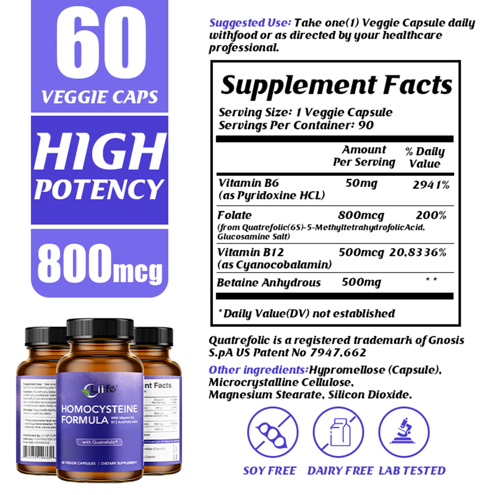 LIIFE Homocysteine Formula – Quatrefolic, B6/B12/Betaine | 60 Veggie Caps, Homocysteine Metabolism & Methylation Heart Health Support