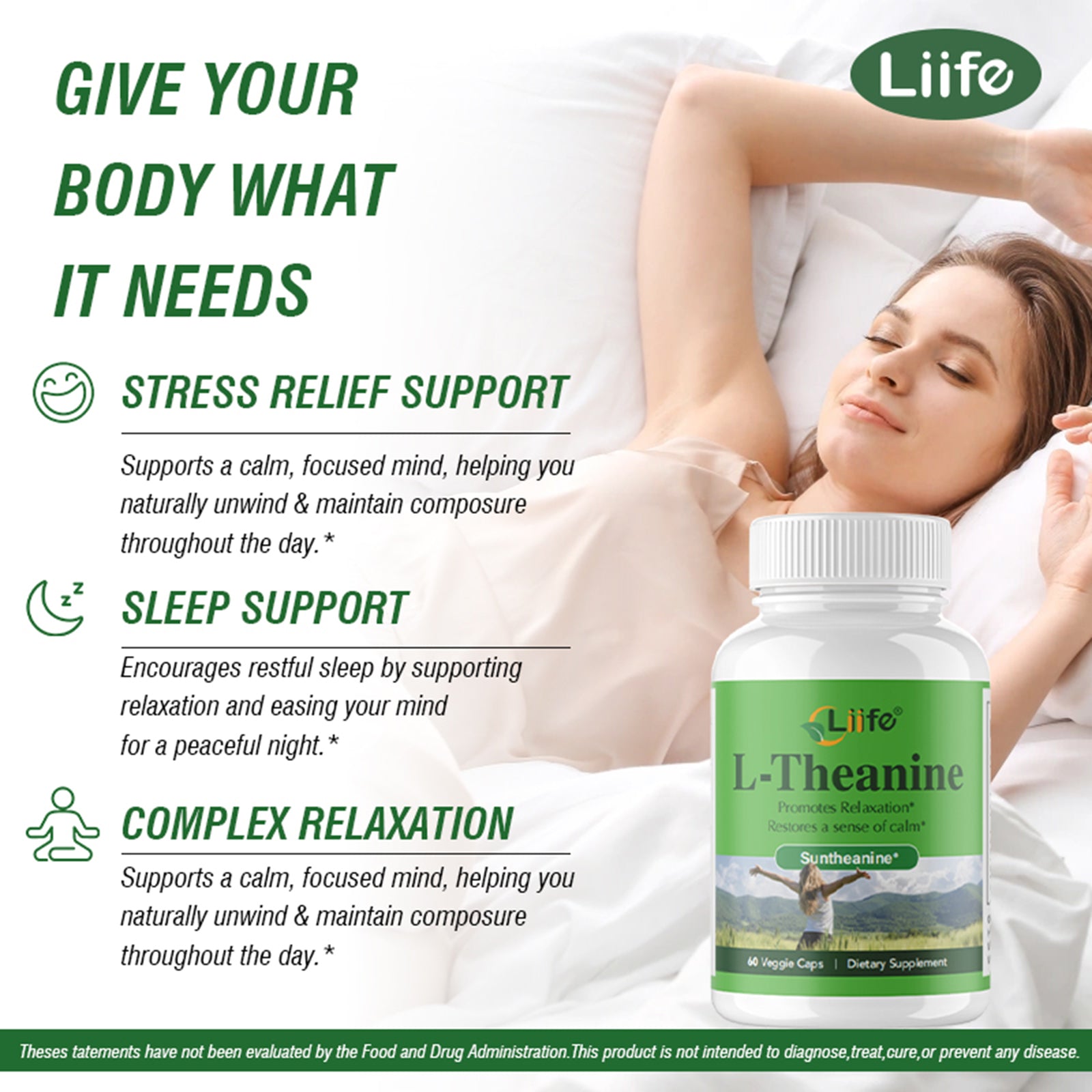 LIIFE L-Theanine (Suntheanine®) with GABA– 60 Veggie Capsules Support with Magnesium & Black Pepper for a Healthy Stress Response, Relaxation, and Focus Increases Brain Alpha-Wave Production*