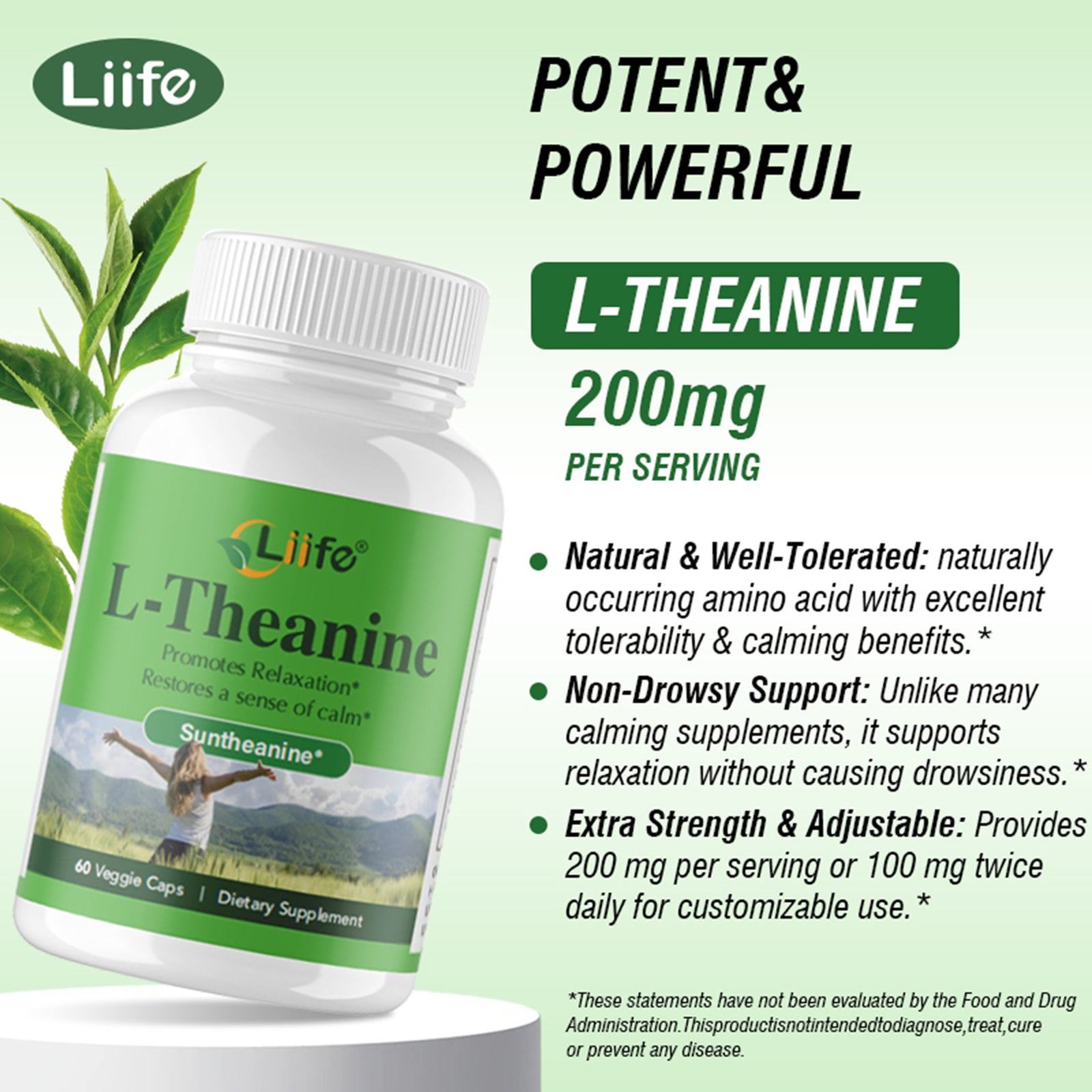 LIIFE L-Theanine (Suntheanine®) with GABA– 60 Veggie Capsules Support with Magnesium & Black Pepper for a Healthy Stress Response, Relaxation, and Focus Increases Brain Alpha-Wave Production*
