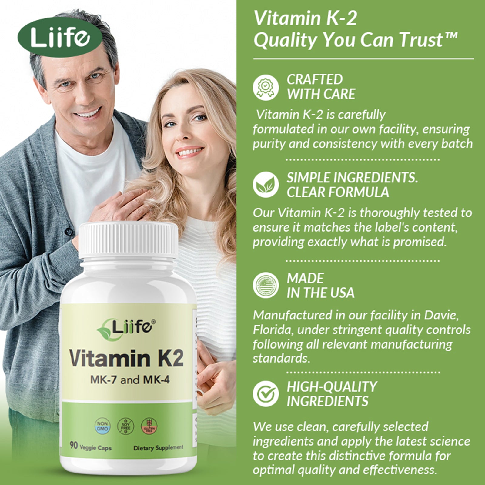 LIIFE Vitamin K2 600mcg Supplement with MK-7 100mcg & MK-4 500mcg,90 Vegetable Capsules for Bone & Cardiovascular Health | Non-GMO & Gluten Free