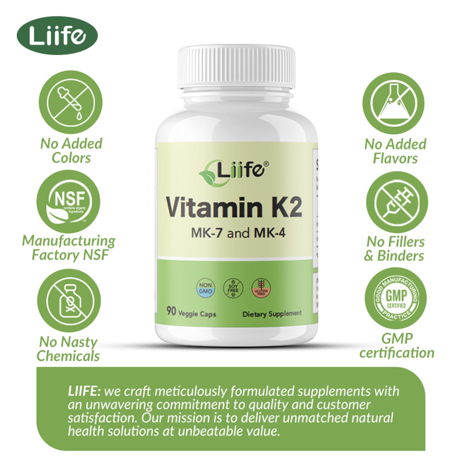 LIIFE Vitamin K2 600mcg Supplement with MK-7 100mcg & MK-4 500mcg,90 Vegetable Capsules for Bone & Cardiovascular Health | Non-GMO & Gluten Free