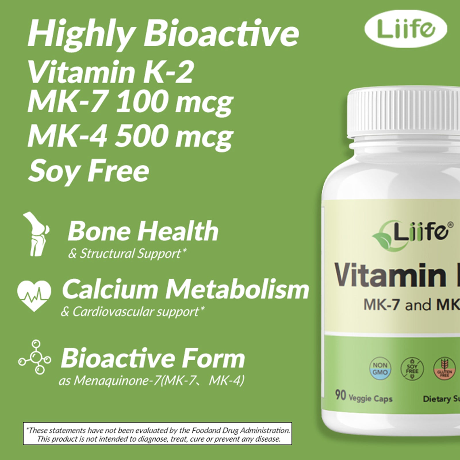 LIIFE Vitamin K2 600mcg Supplement with MK-7 100mcg & MK-4 500mcg,90 Vegetable Capsules for Bone & Cardiovascular Health | Non-GMO & Gluten Free
