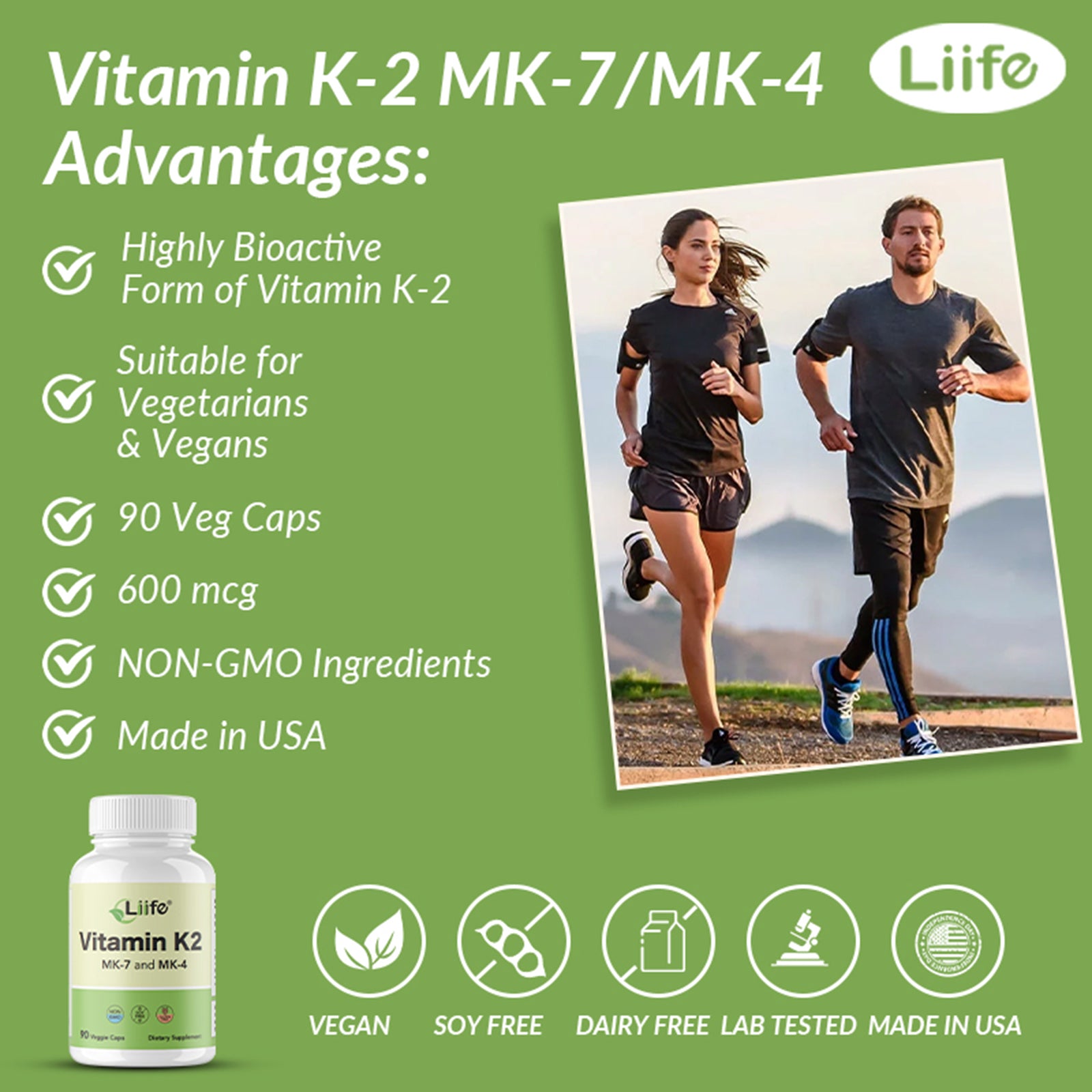 LIIFE Vitamin K2 600mcg Supplement with MK-7 100mcg & MK-4 500mcg,90 Vegetable Capsules for Bone & Cardiovascular Health | Non-GMO & Gluten Free