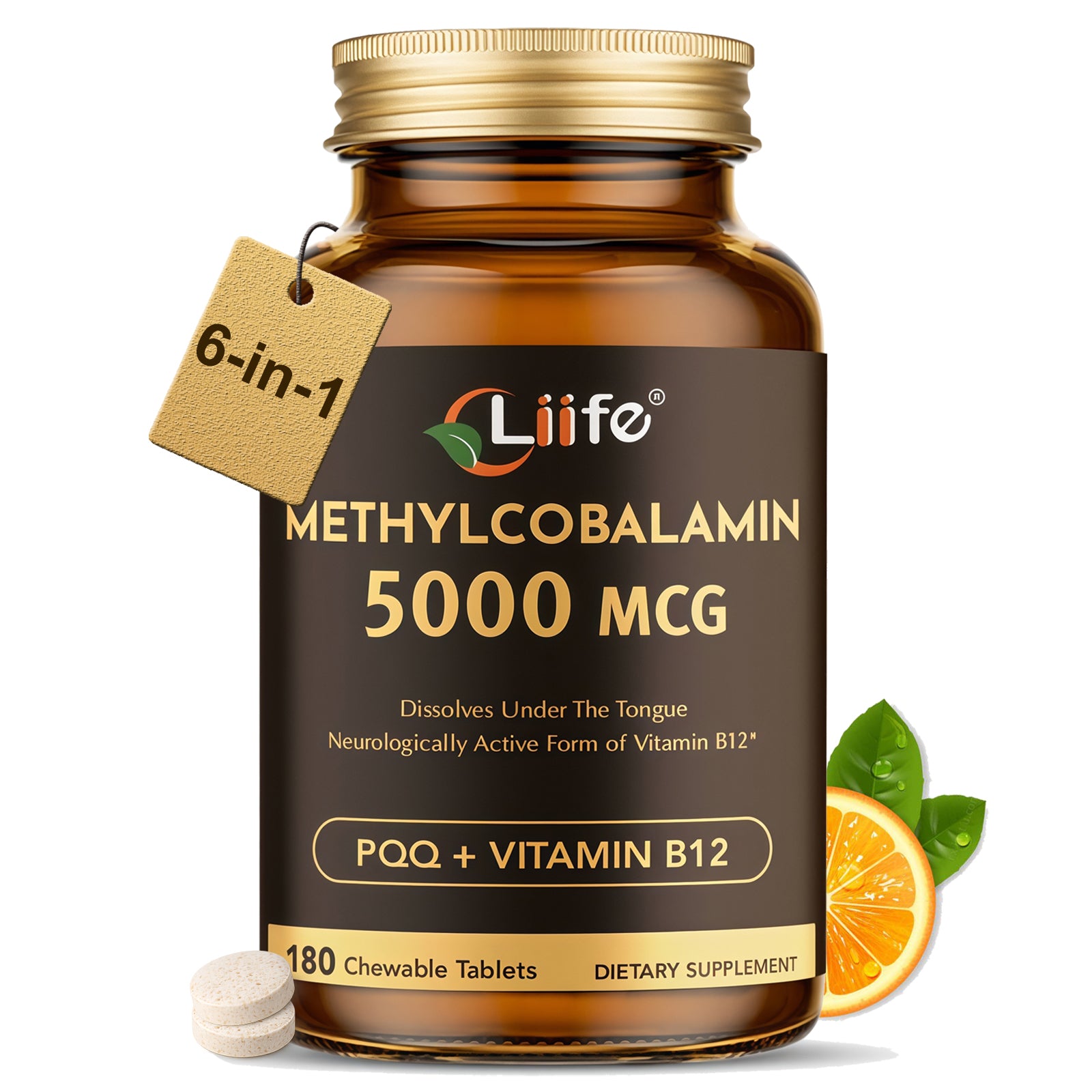 LIIFE Vitamin B12 (Methylcobalamin)+ PQQ 5000 mcg | 180 Chewable Tablets | Supports General Energy, Brain & Nervous System Health | Gluten Free | 1 Capsule per Serving*