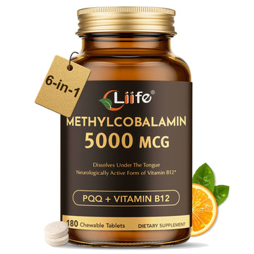 LIIFE Vitamin B12 (Methylcobalamin)+ PQQ 5000 mcg | 180 Chewable Tablets | Supports General Energy, Brain & Nervous System Health | Gluten Free | 1 Capsule per Serving*