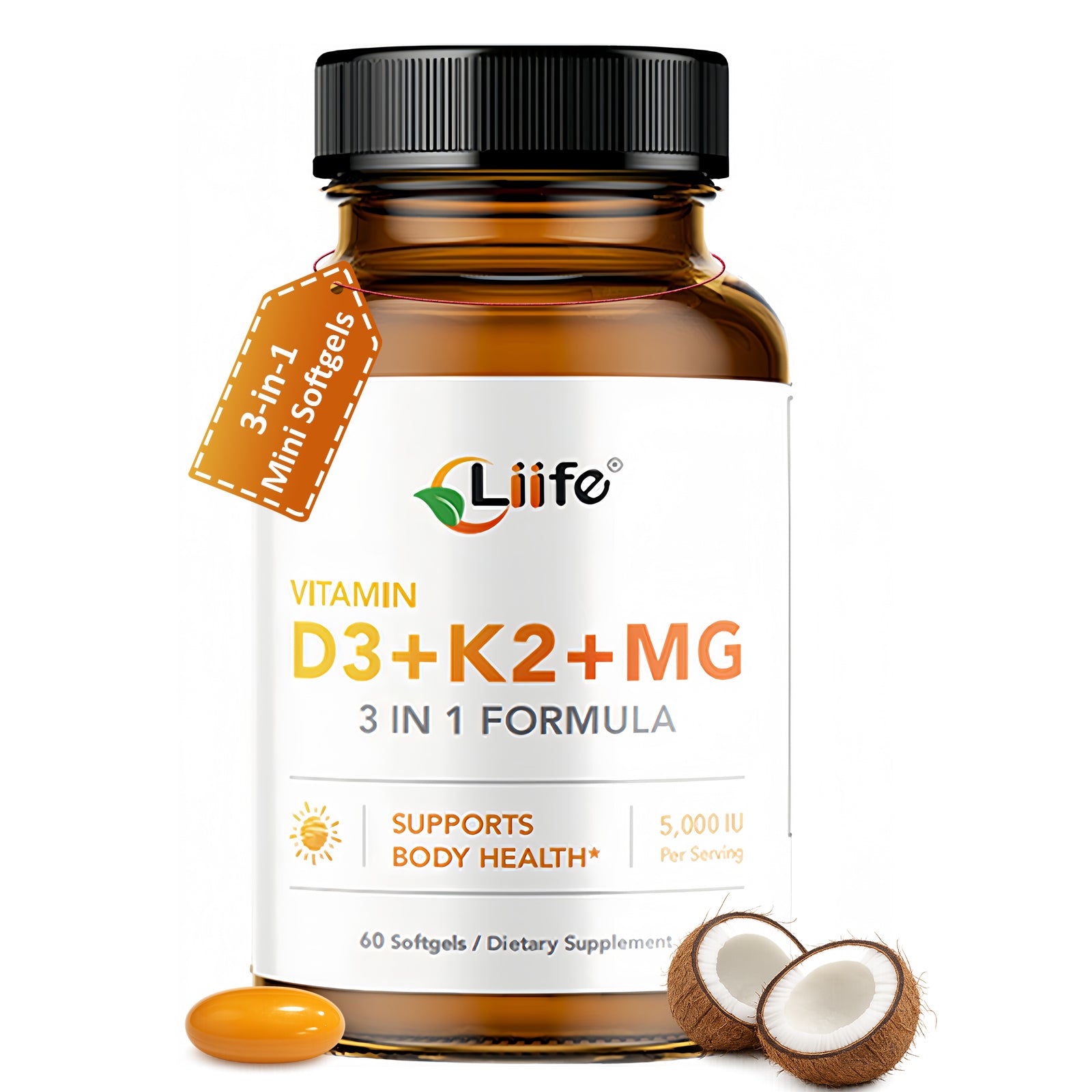 LIIFE Vitamin D3 K2 with Magnesium Bisglycinate & Vitamin B6| D3 5000 IU | K2 (MK7&MK4) 200mcg | Vitamin B6 3mg | Magnesium 200mg | High Absorption | Coconut Oil | Gluten Free | Non-GMO