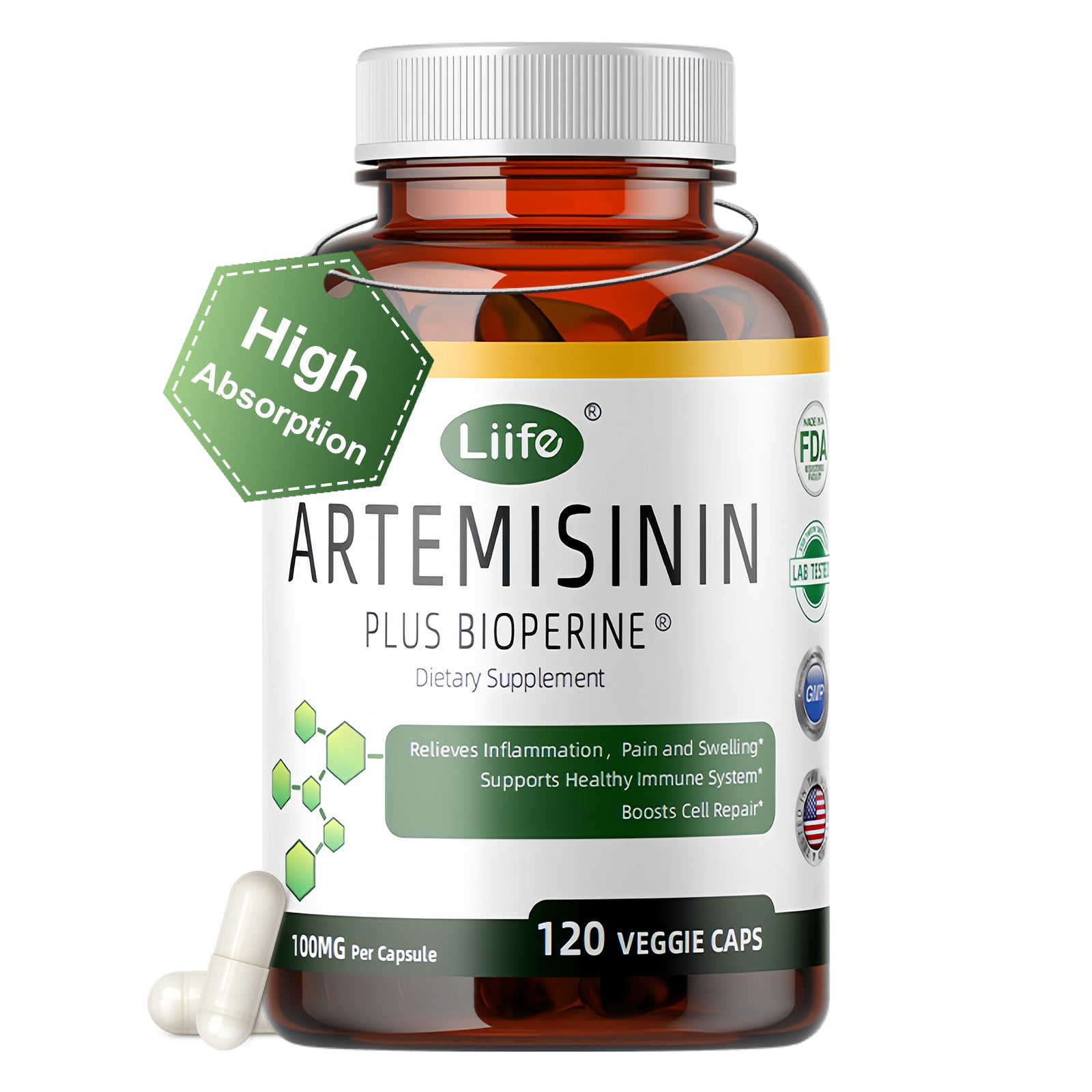 LIIFE Artemisinin (from Sweet Wormwood) with Bioperine, 100mg — Supports Immune System, Cellular Health, and Enhanced Absorption, Non-GMO, 120 Vegetarian Capsules