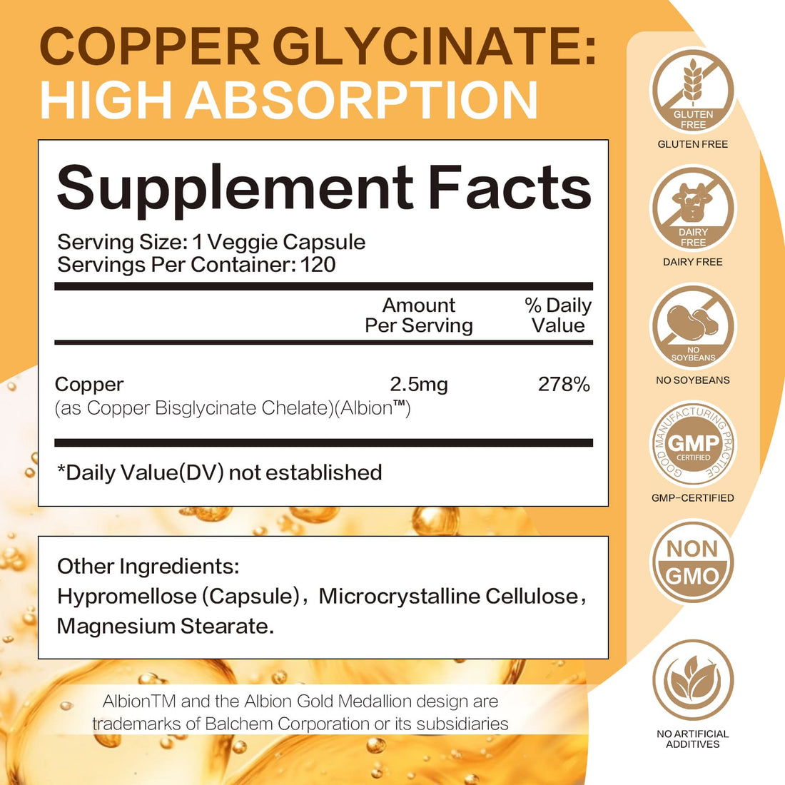 LIIFE Albion Chelated Copper 2.5mg, Copper Supplements, Supporting Red Blood Cells, Collagen, and Energy Production, 120 Veggie Capsules